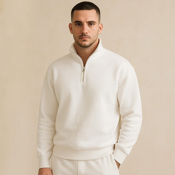 White Men Classic Quarter Zip-Up Fleece Sweatshirt For Men