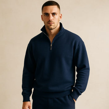 White Men Classic Quarter Zip-Up Fleece Sweatshirt For Men